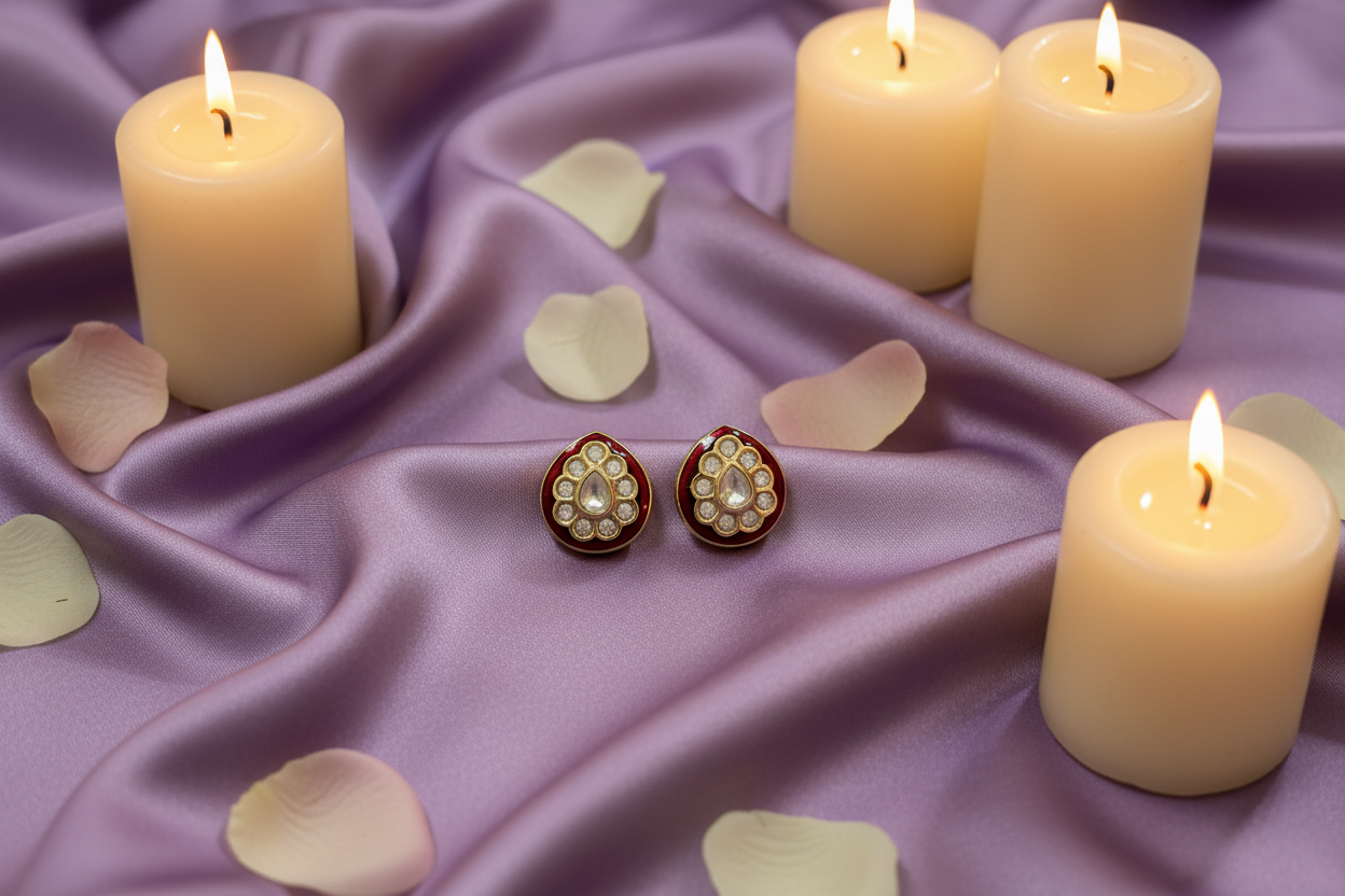 Red Meenakari Kundan Studs