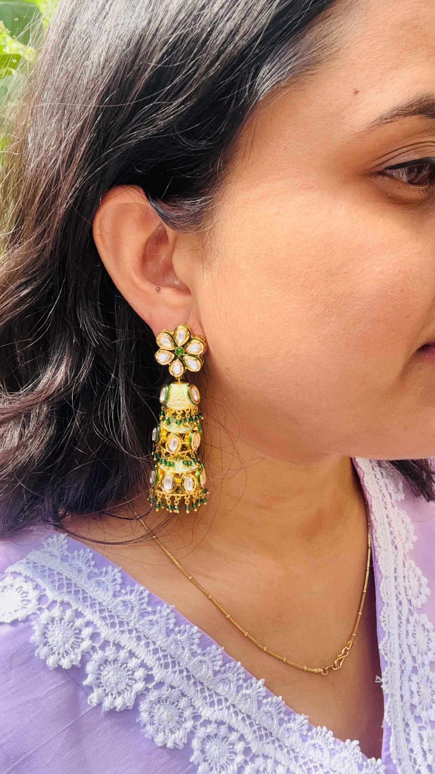Green Kundan Meenakari Jhumkis