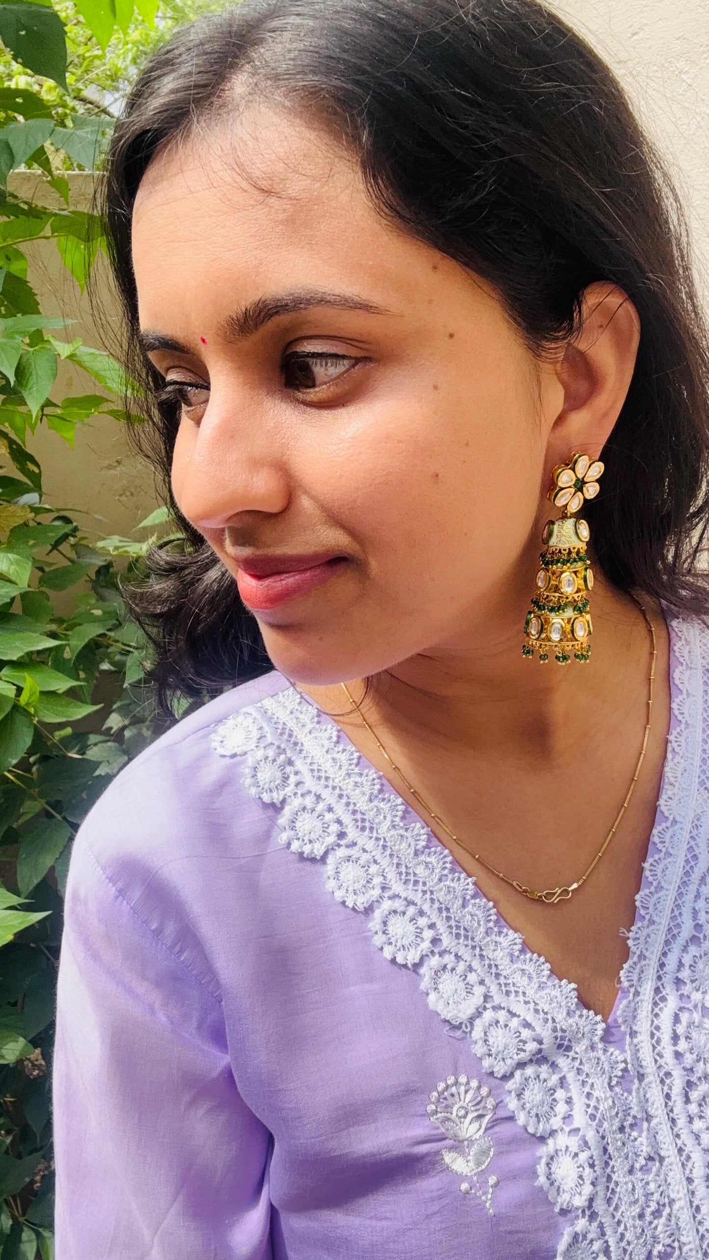 Green Kundan Meenakari Jhumkis