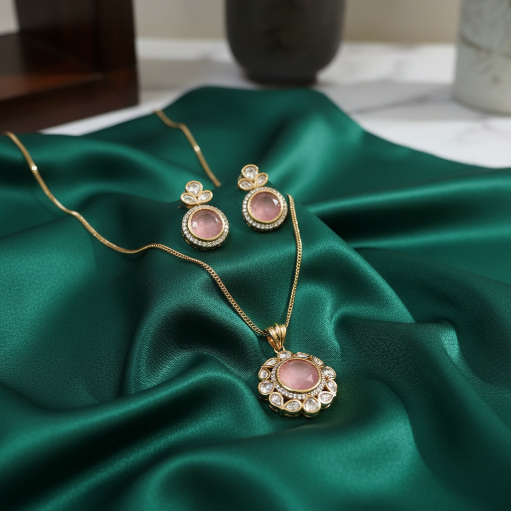 Kundan Pink Stone Pendant Set