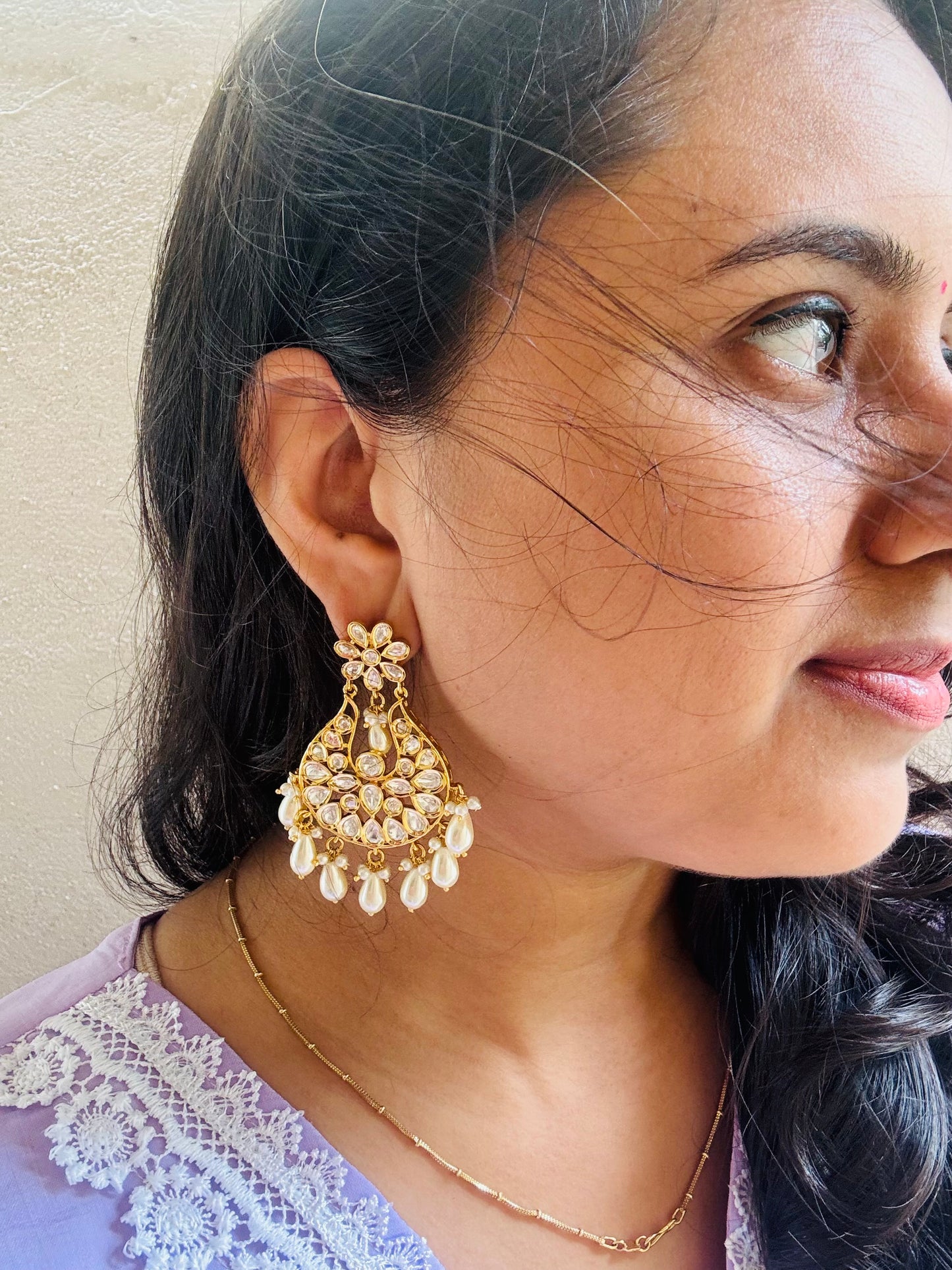 White kundan Chandbali earrings