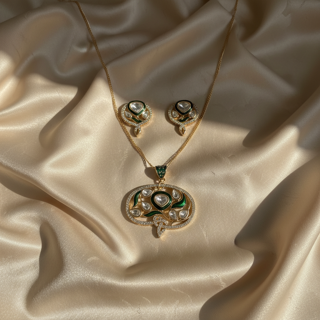 Kundan Green Enamel Pendant Set
