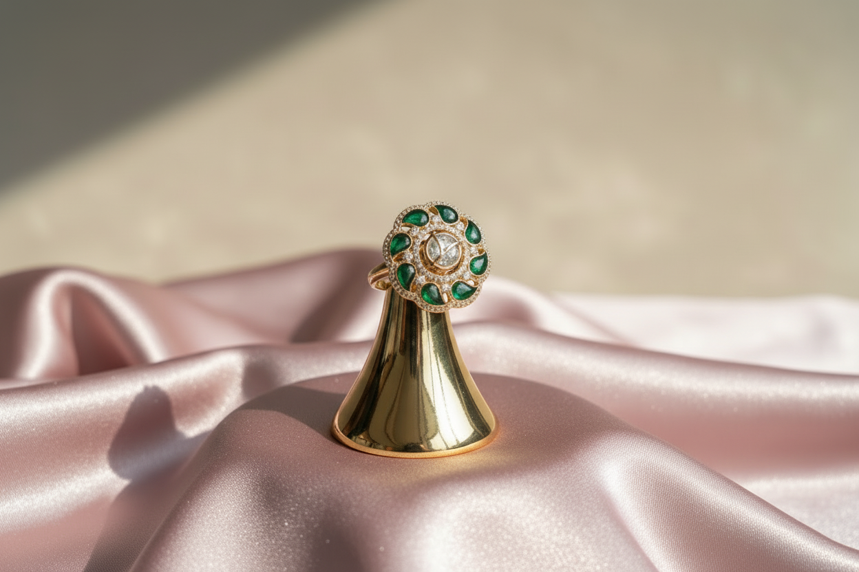 Green Kundan Floral Adjustable Ring