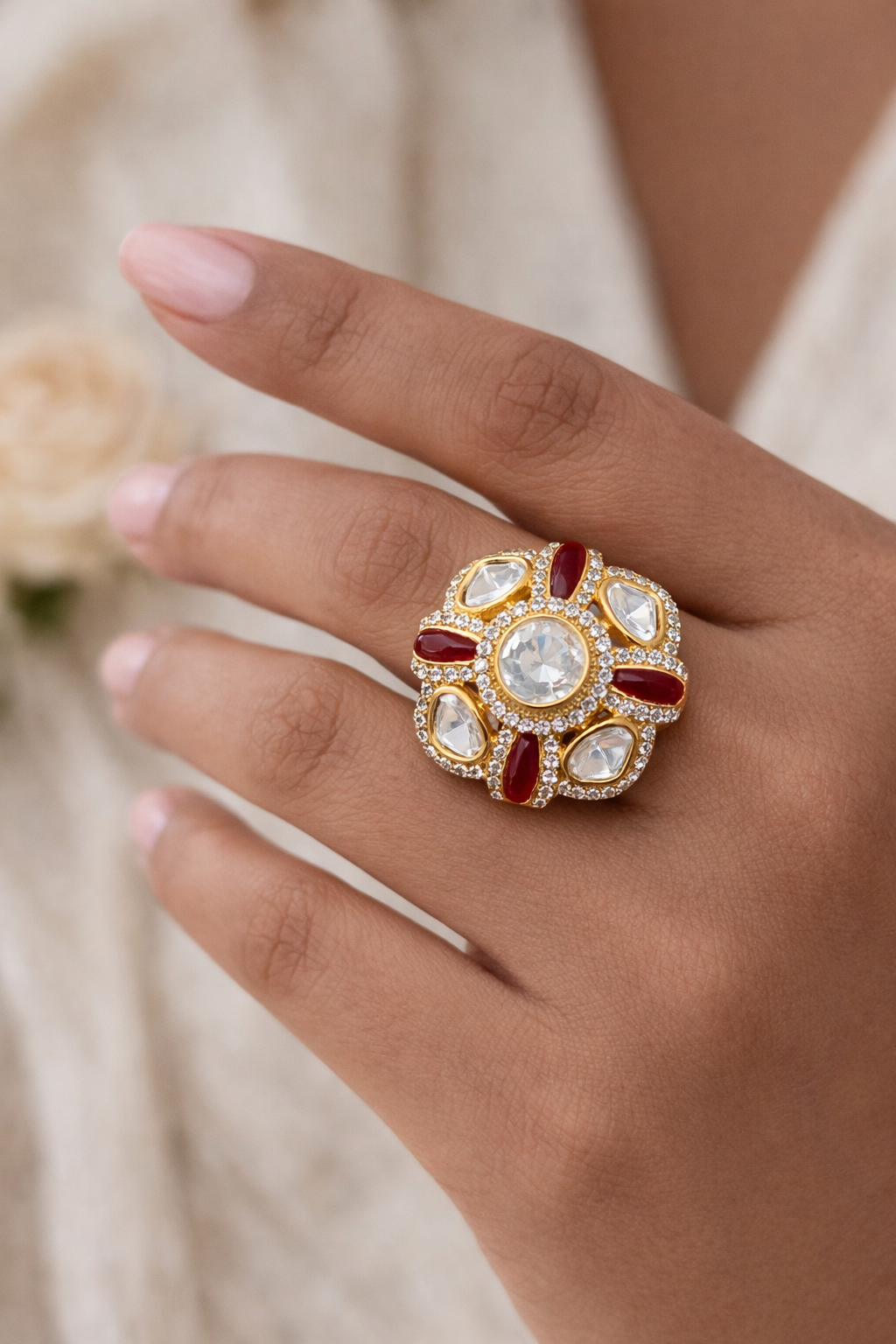 Ruby Kundan Statement Ring – Adjustable