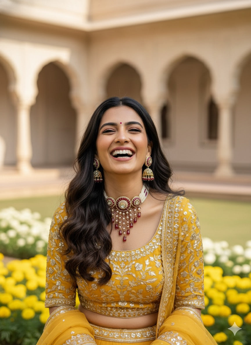 Red White Kundan Jadau Necklace Set