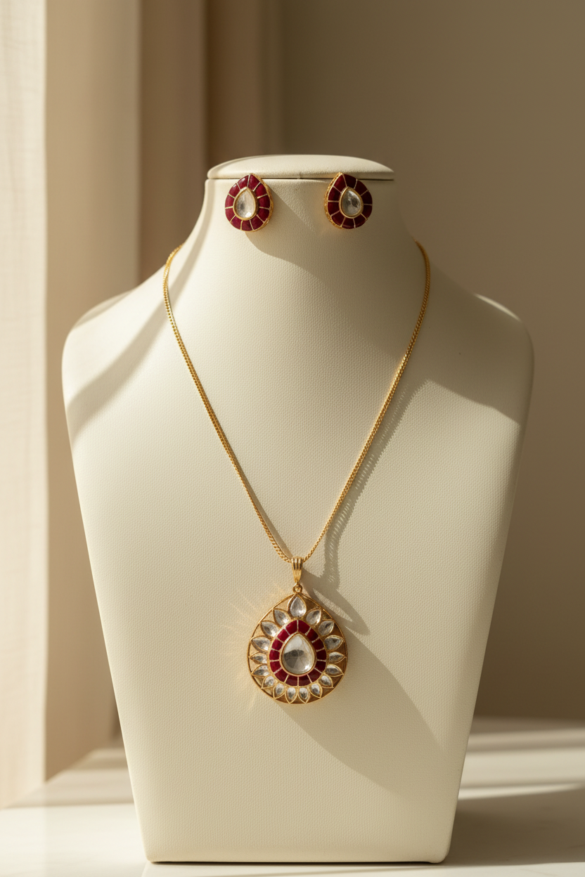 Kundan Pear glow Pendant Set
