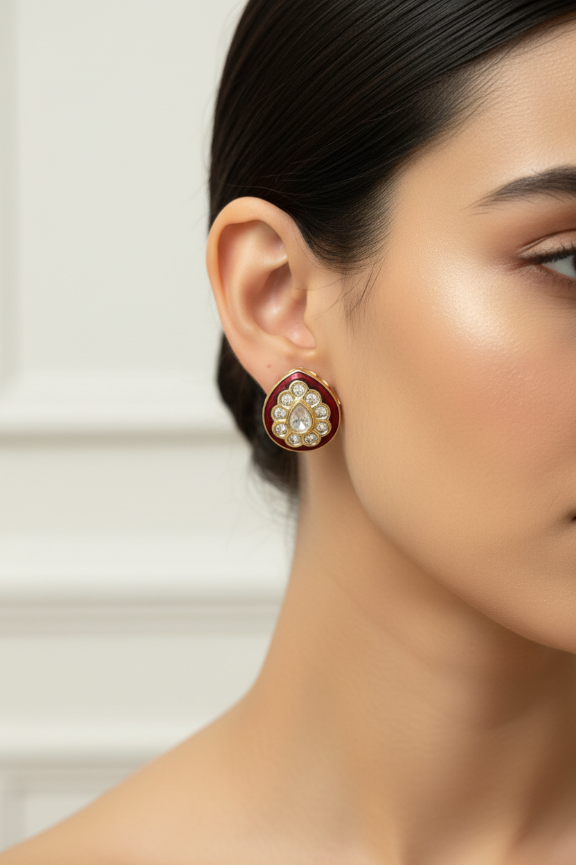Red Meenakari Kundan Studs