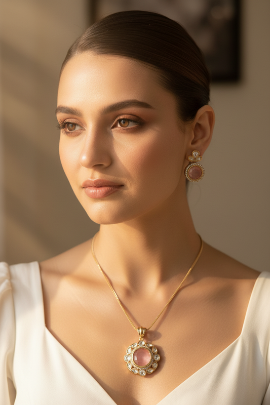 Kundan Pink Stone Pendant Set
