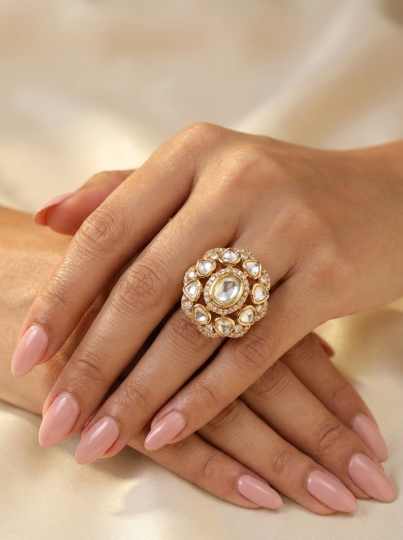 Gold Finish Kundan Statement Ring