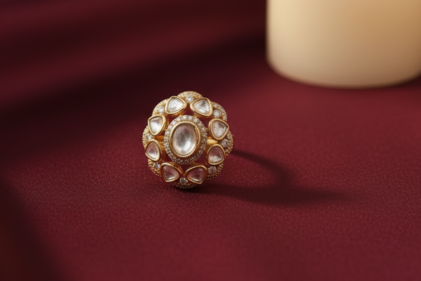 Gold Finish Kundan Statement Ring