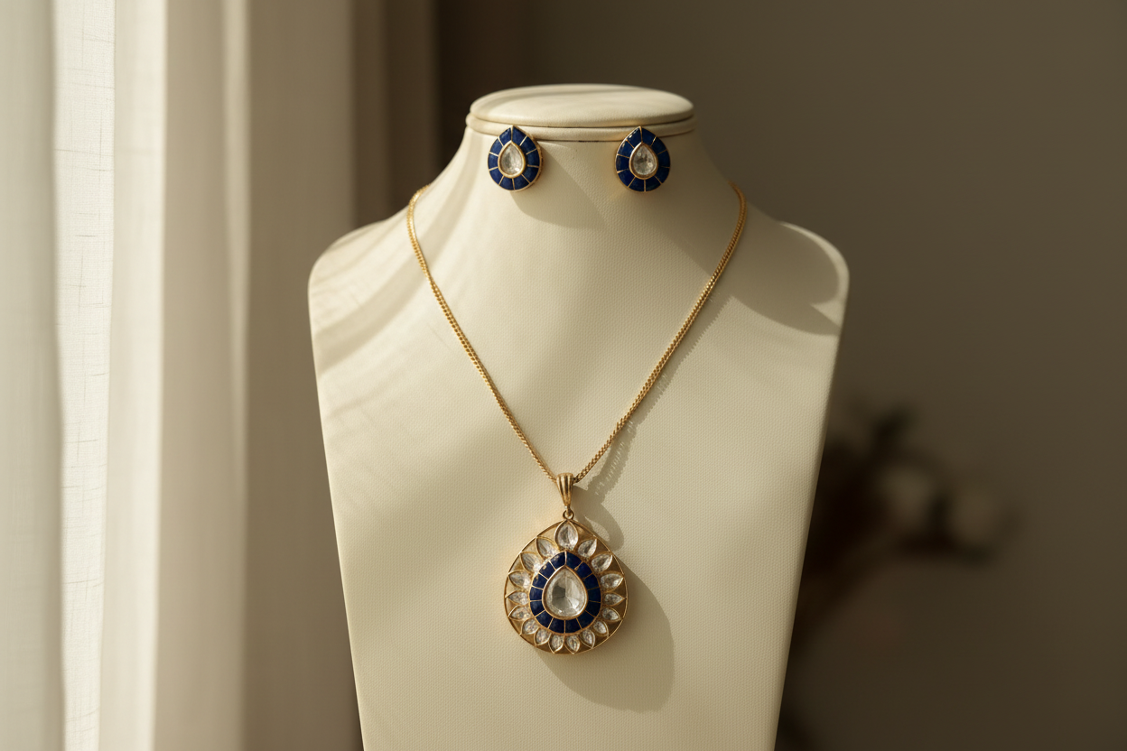 Kundan Pear glow Pendant Set