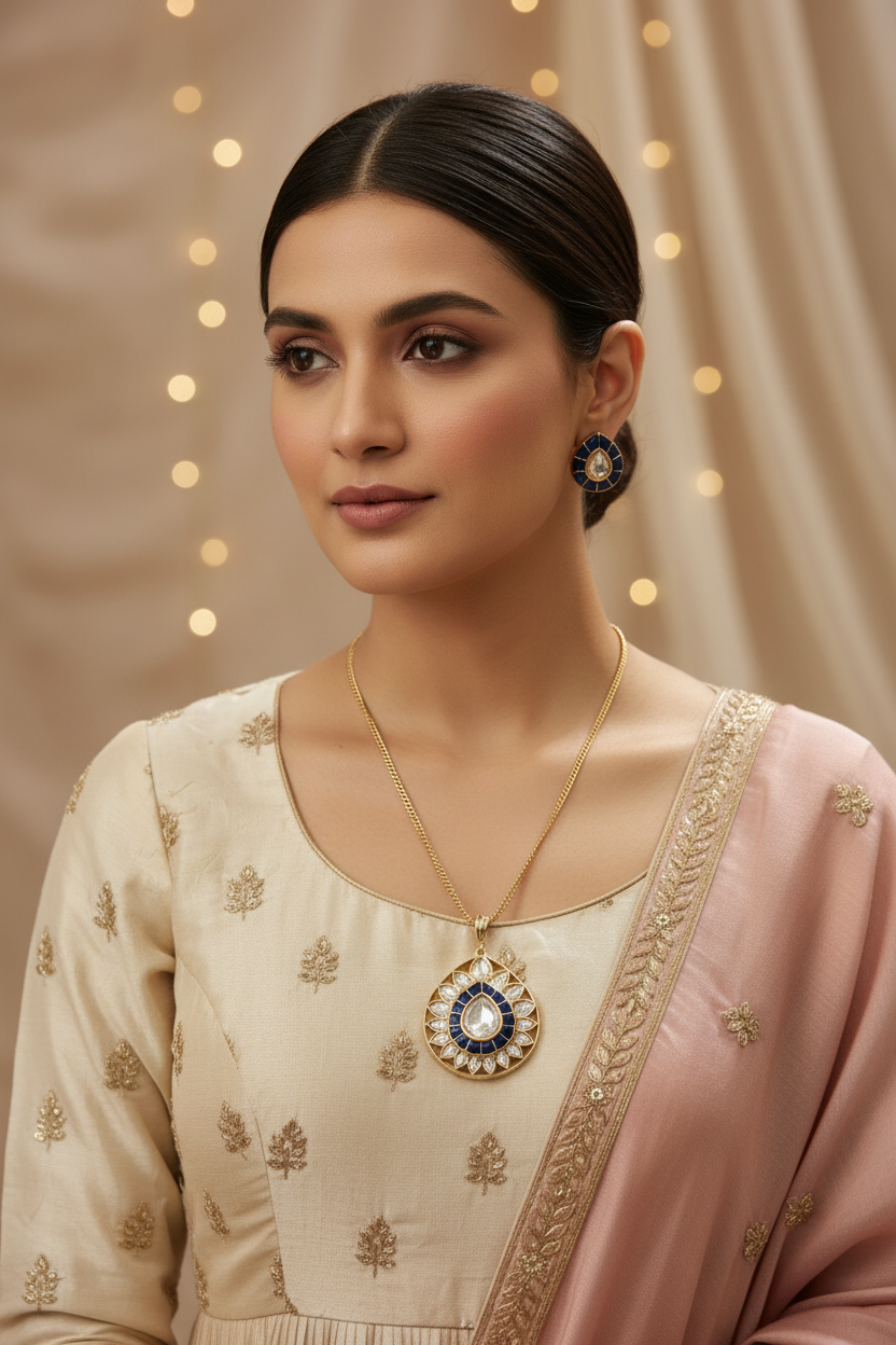 Kundan Pear glow Pendant Set
