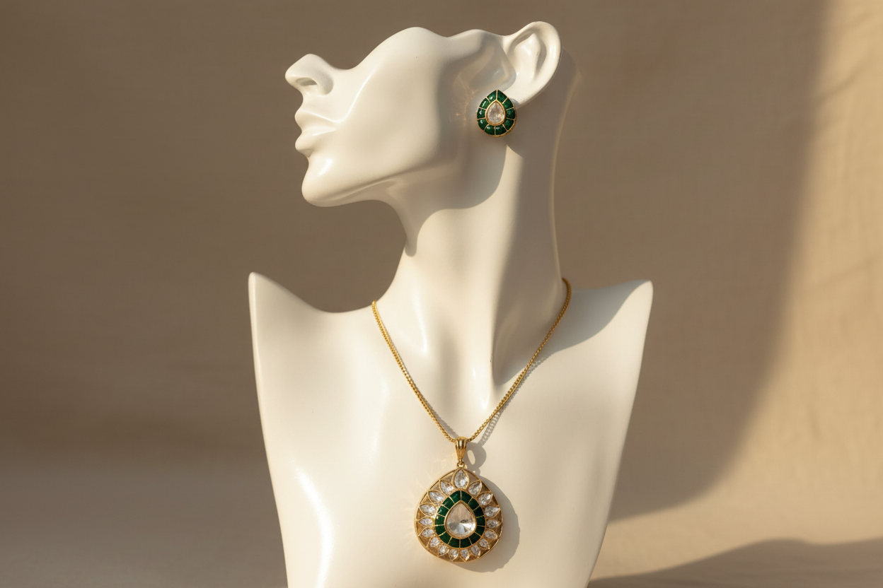 Kundan Pear glow Pendant Set
