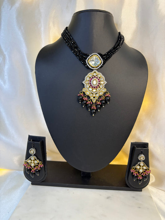 Midnight Charm-Black Beaded Pendant Necklace