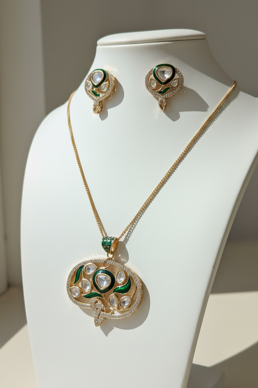 Kundan Green Enamel Pendant Set