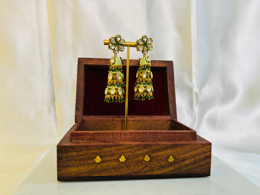 Green Kundan Meenakari Jhumkis