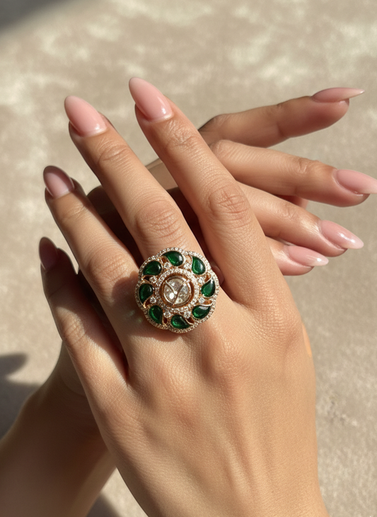 Green Kundan Floral Adjustable Ring