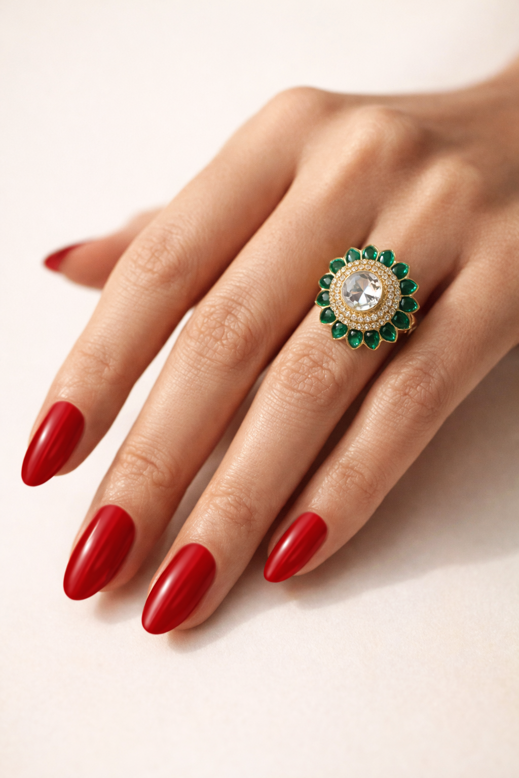 Emerald Green Kundan Statement Adjustable Ring