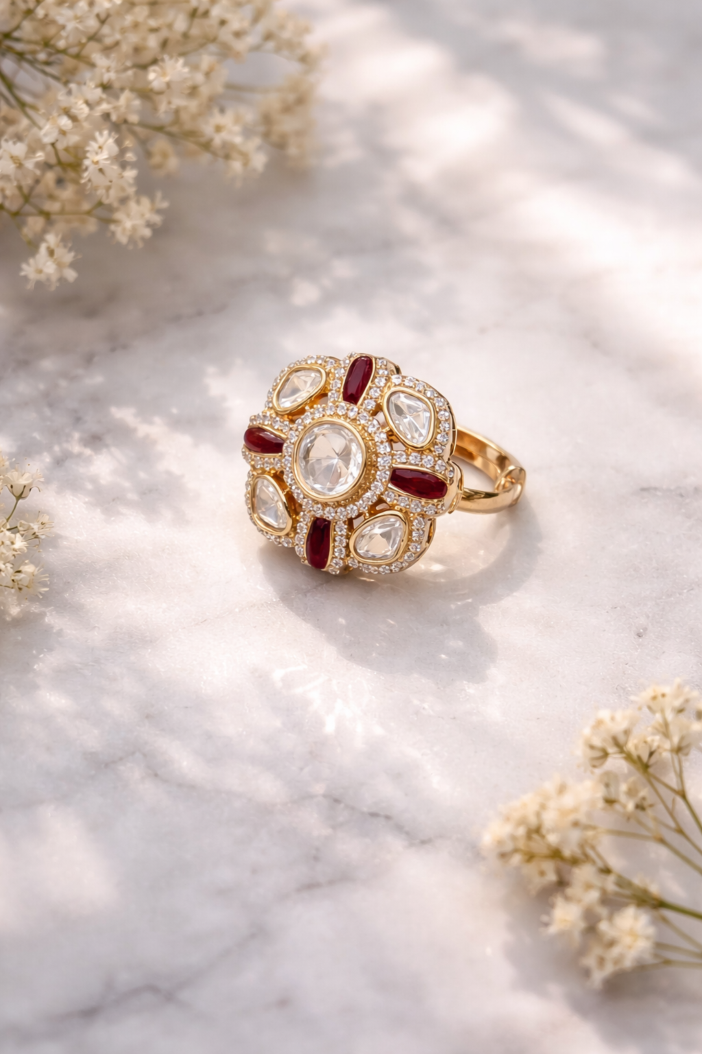 Ruby Kundan Statement Ring – Adjustable