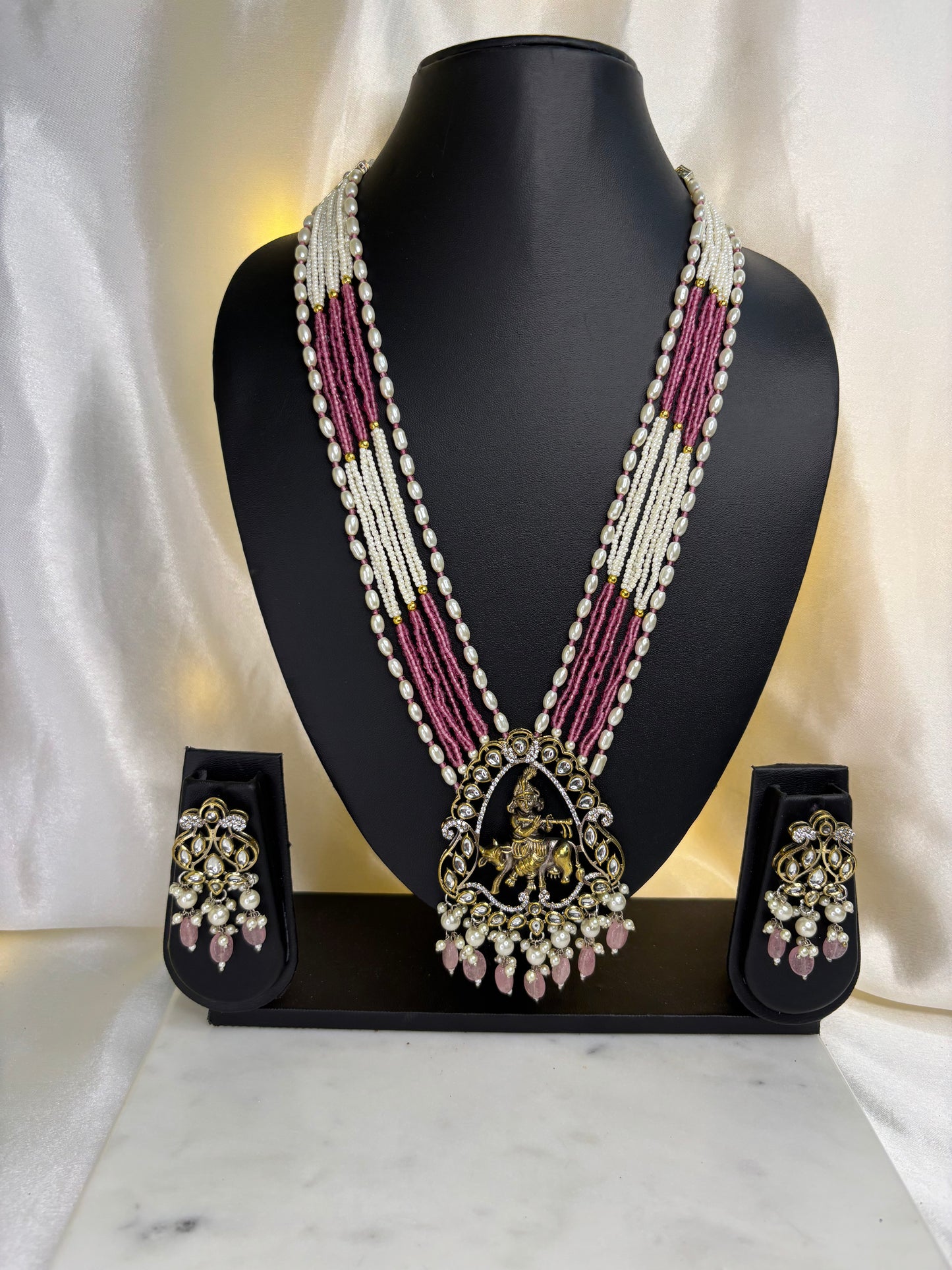 Long Beaded Krishna Necklace-Ethnic Style in Pastel Hues