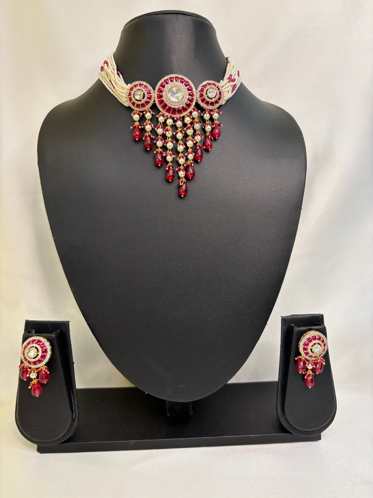 Red White Kundan Jadau Necklace Set