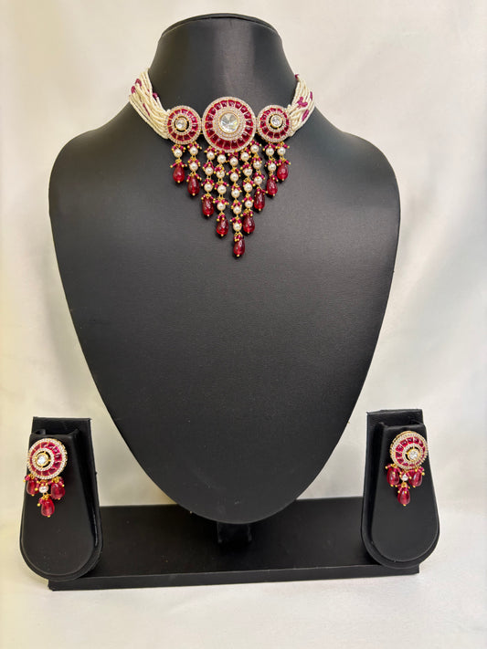 Red White Kundan Jadau Necklace Set